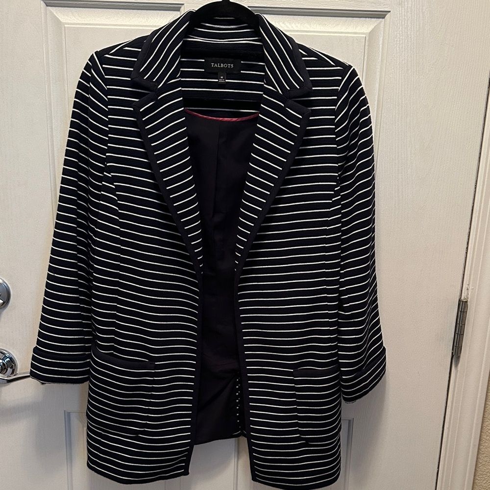 Talbots Classic Minimalist Black & White Striped Open Front Knit Blazer Size M
